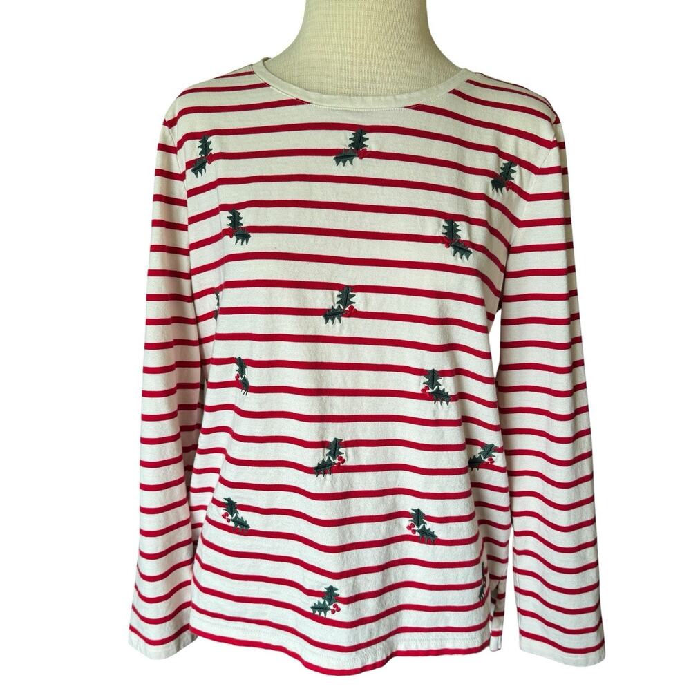 Talbots Women LP Christmas 100% Cotton Tee Shirt Embroidered Holly Stripe Petite